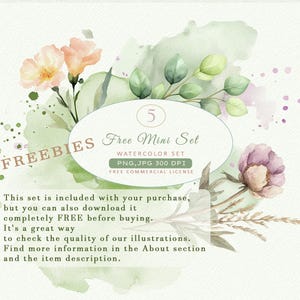 Puede incluir: Un conjunto de cinco ilustraciones de acuarela de flores y vegetaci&oacute;n. Las ilustraciones est&aacute;n en tonos de rosa, verde y blanco. El texto "FREEBIES Free Mini Set Watercolor Set PNG, JPG 300 DPI FREE COMMERCIAL LICENSE" se muestra sobre un fondo blanco.