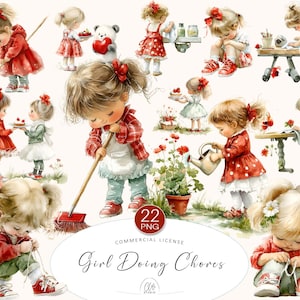 22 PNG Mädchen machen Hausarbeiten Clipart • Aquarell rotes Outfit Set für Basteln, Journals & Lernprojekte • Sofort Download