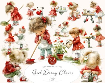 Watercolor Girl Chores Clipart: Red Outfit PNG Set (Digital Download)