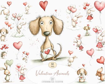 Valentine Animals Clipart Cute Watercolor Baby Bunny Dog PNG