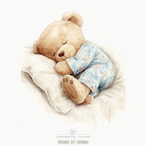 Schlafender Teddybär Clipart, niedlicher Babybär PNG JPG, Aquarell Kinderzimmerkunst, Babyparty digitaler Download, gemütliche Tierillustration, 300 DPI