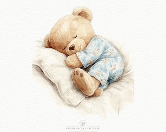 Watercolor Sleeping Teddy Bear Clipart: Nursery Art (Digital Download)