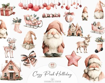 49 Cozy Pink Christmas Clipart | Watercolor Holiday PNG, Gnomes & Santa Illustrations