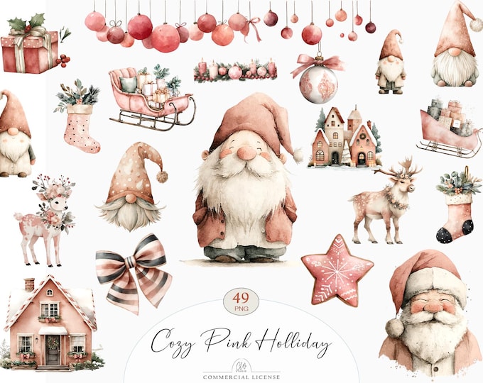 Featured listing image: 49 Cozy Pink Christmas Clipart | Watercolor Holiday PNG, Gnomes & Santa Illustrations