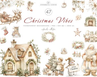 47 Christmas Clipart | Watercolor Santa Claus House Tree PNG, Cozy Winter Holiday Set