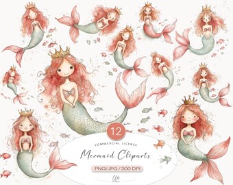 Mermaid Clipart Set: Fantasy Ocean Princess Art (PNG JPG)