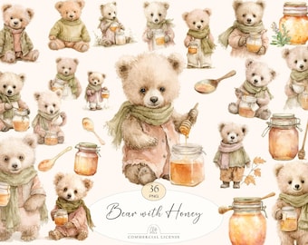 36 Bear with Honey Clipart | Cozy Autumn Bears, Jars & Spoons PNG
