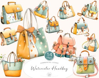 Watercolor Handbag Clipart: Fashion Purse PNG Graphics (Digital Download)