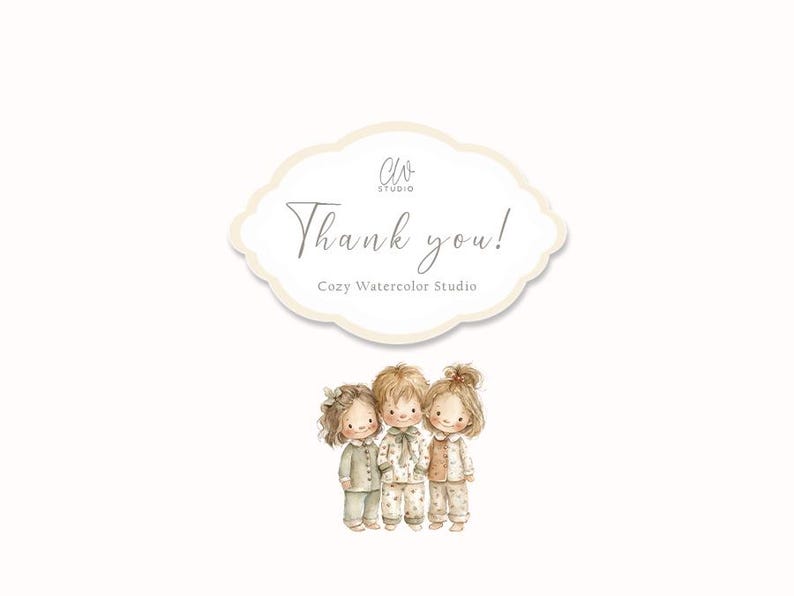 Pode incluir: Ilustra&ccedil;&atilde;o em aquarela com tr&ecirc;s crian&ccedil;as de pijama. As crian&ccedil;as est&atilde;o sorrindo e usando pijamas combinando. Acima delas, h&aacute; uma placa decorativa em forma de nuvem com as palavras "Thank you!" e "Cozy Watercolor Studio".