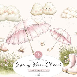 18 Spring Rain Clipart PNG JPG, Pink Umbrella Boots Cloud Bee, Cottagecore-aquarel, Scrapbooking, Junk Journal, afdrukbare kunst