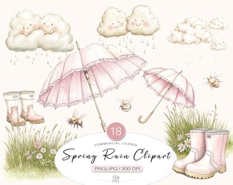 Spring Rain Watercolor Clipart: Pink Umbrella, Boots, Bee (PNG JPG)