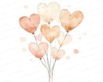 Watercolor Heart Balloons Clipart Set: Valentine's Day, Wedding Decor (Digital Download JPG)