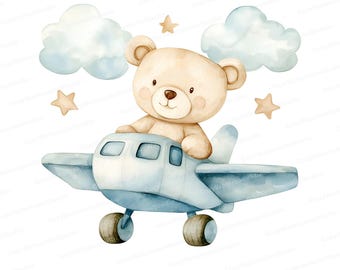 Watercolor Bear Airplane Clipart: Nursery Art (JPG)