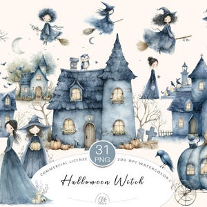 31 Halloween Witch Clipart | Watercolor Haunted Houses, Witches, Spooky PNG