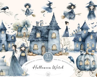 31 Halloween Witch Clipart | Watercolor Haunted Houses, Witches, Spooky PNG