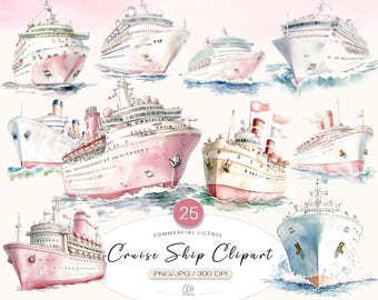 Vintage Cruise Ship Clipart: Watercolor Ocean Liner Graphics (PNG JPG)