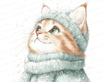Winter Kitten Clipart: Watercolor Cat Illustration (Digital Download)
