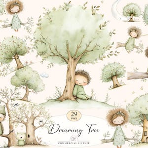 May include: A whimsical watercolour illustration of a forest scene with trees, children, and animals. The image has a soft, pastel colour palette with the text "Dreaming Tree" and a commercial license.