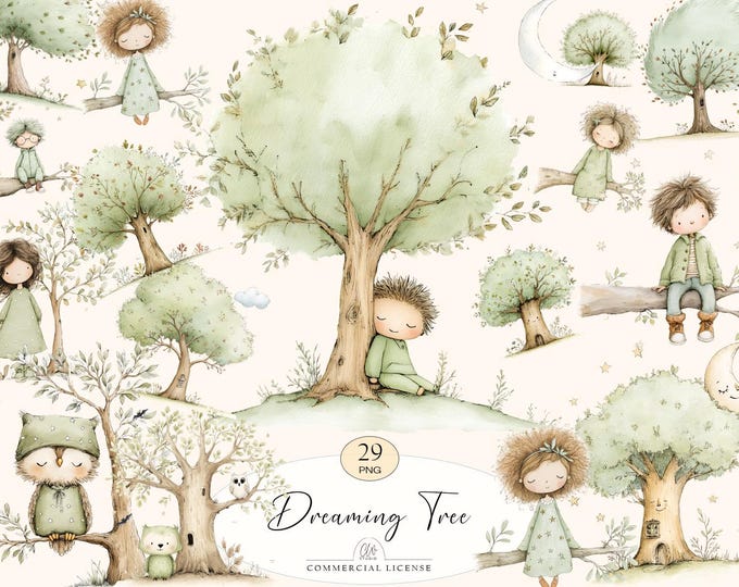 Featured listing image: 29 Dreaming Tree Clipart | Watercolor Tree PNG, Fantasy Woodland Illustrations