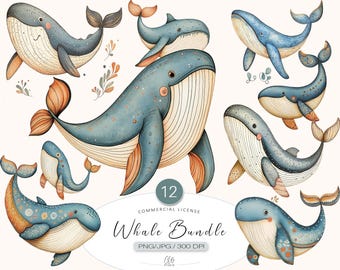 Watercolor Whale Clipart: Ocean Animals PNG Bundle (Digital Download)