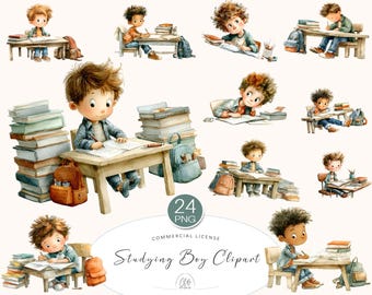 Watercolor Studying Boy Clipart: School Graphics for Teachers (PNG Digital Download)