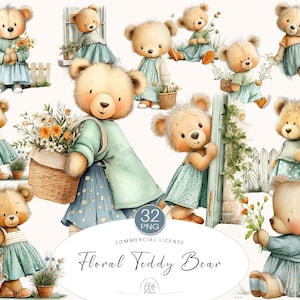 32 PNG Spring Bear Clipart • Watercolor Floral Teddy Illustrations in Soft Pastel Green • Nursery Decor, Scrapbooking, Instant download