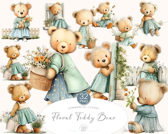 Watercolor Floral Teddy Bear Clipart: Spring Nursery PNG (Digital Download)