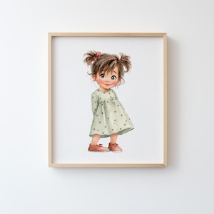 May include: Watercolour art print of a young girl with brown hair in pigtails, wearing a pale green dress with small red polka dots and brown shoes. The artwork is framed in a light wood frame.