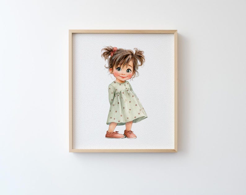 May include: Watercolour art print of a young girl with brown hair in pigtails, wearing a pale green dress with small red polka dots and brown shoes. The artwork is framed in a light wood frame.