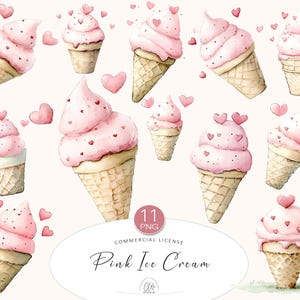 11 Rosa Eis Clipart | Aquarell PNG Zapfen mit Herzen, Romantische Dessert Kunst | Sofort Download