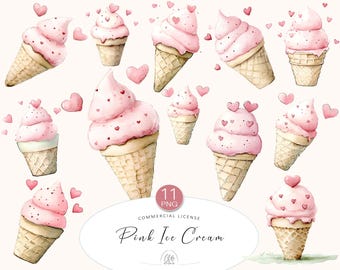 Pink Ice Cream Clipart: Watercolor Heart Cones, Romantic Dessert PNG (Instant Download)