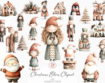 24 Christmas Elves Clipart | Watercolor Santa & Holiday Houses PNG, Cozy Winter Collection