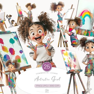 25 künstlerische Mädchen Cliparts für Scrapbooking und Junk Journal | Buntes Painting Studio Set PNG JPG | Kreative Kinderillustrationen