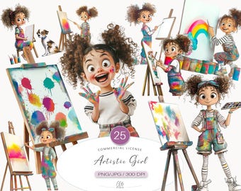 Artistic Girl Clipart Set: Painting Studio Illustrations (PNG JPG)