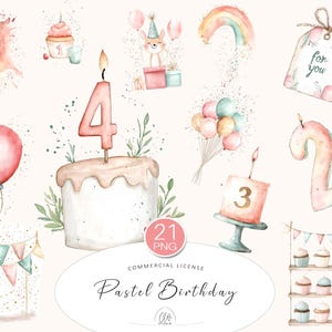 21 imágenes prediseñadas de cumpleaños en tonos pastel: PNG de acuarela con pasteles, números, globos, cupcakes, decoración para fiestas, álbumes de recortes y arte para baby shower.