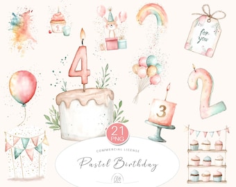 Pastel Birthday Clipart: Watercolor Cakes, Balloons, Numbers (PNG Digital Download)