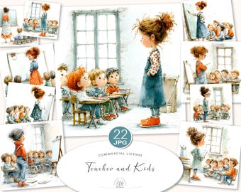 Watercolor Teacher Clipart: Classroom Illustrations, School Projects (22 JPG Files)