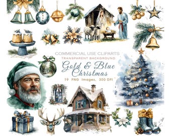 19 Gold and Blue Christmas Clipart | Elegant Watercolor Holiday PNG, Nativity Scene Set