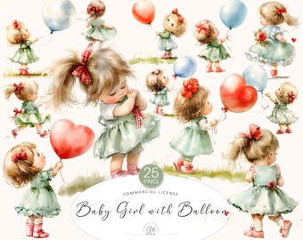 Watercolor Baby Girl Clipart: Balloons & Green Dress (PNG Digital Download)