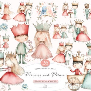 Prinzessin und Prinz Clipart | 26 PNG JPG Märchen Paar | Süße königliche Kinder, Krone, Einhorn, Hochzeit Sublimation, Sofort Download