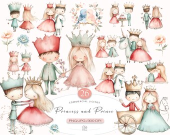 Princess and Prince Clipart: Fairy Tale Kids, Unicorn (PNG JPG, Instant Download)