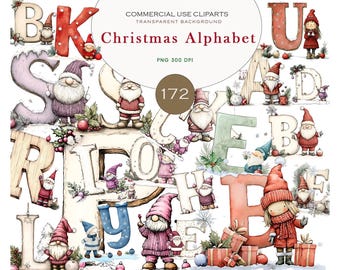 172 Christmas Alphabet Clipart | Gnome Letter PNG Set, Festive Holiday Font Graphics