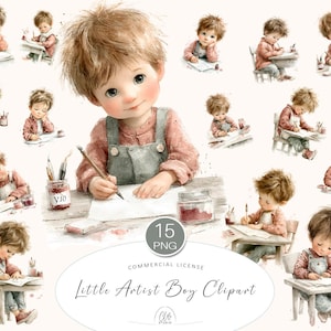 Little Artist Boy Watercolor Clipart: School Projects PNG