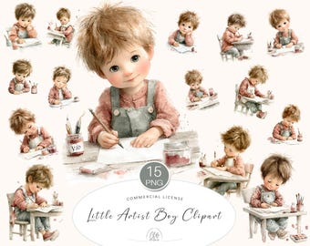 Little Artist Boy Watercolor Clipart: School Projects PNG