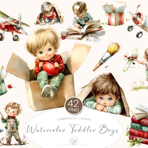 Watercolor Boys Clipart: Toddler Art, Toys, Books (PNG Digital Download)