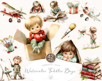 Watercolor Boys Clipart: Toddler Art, Toys, Books (PNG Digital Download)