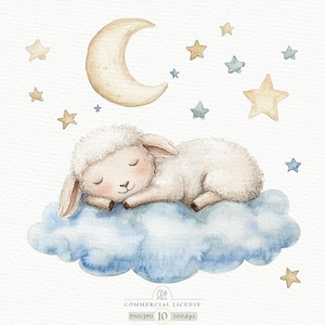 水彩画の眠っている子羊のクリップアート、子羊 10 匹の PNG JPG、月と星のイラスト、夜空のアート、子供部屋の装飾、夢のような眠りのテーマ