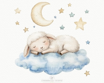 Watercolor Sleeping Lamb Clipart: Moon & Stars Nursery Art (PNG JPG)