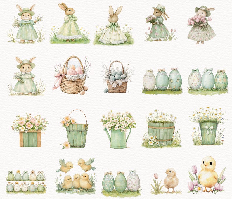 Easter Bunny Clipart - Cute Spring 51 PNG & JPG Set - Vintage Easter ...