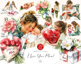 Mother's Day Watercolor Clipart: Mom & Kids Illustrations (PNG Digital Download)